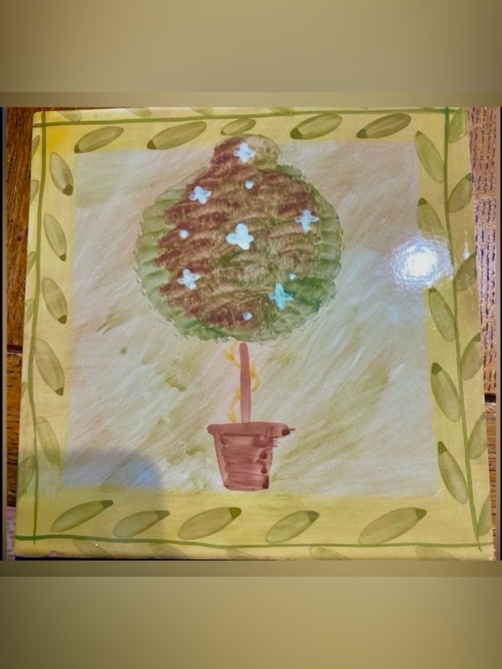 Italian BICOTTURA TRADIZIONALE Ceramic Hand Painted Trivet. Tree, Red Pot.
